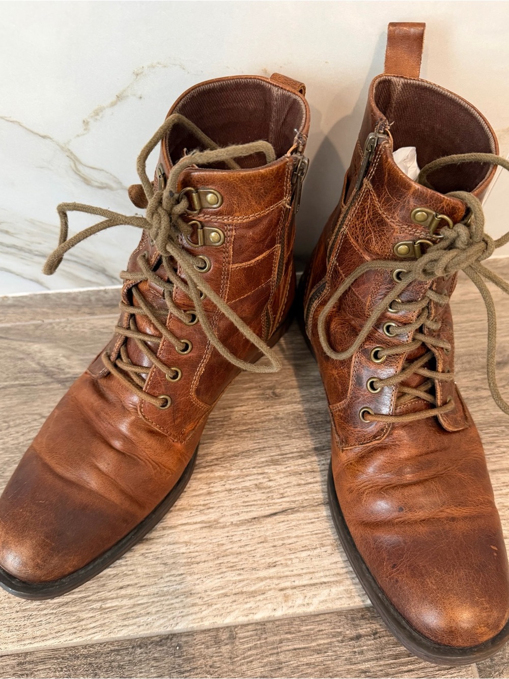 Aston Gret Men's Brown Leather Lace-Up Moto Going Out Distressed Boots Sz 9